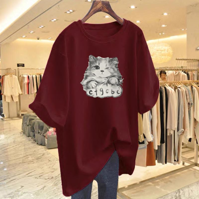 Women's Summer Loose Cartoon Cat Print Cotton T-Shirt