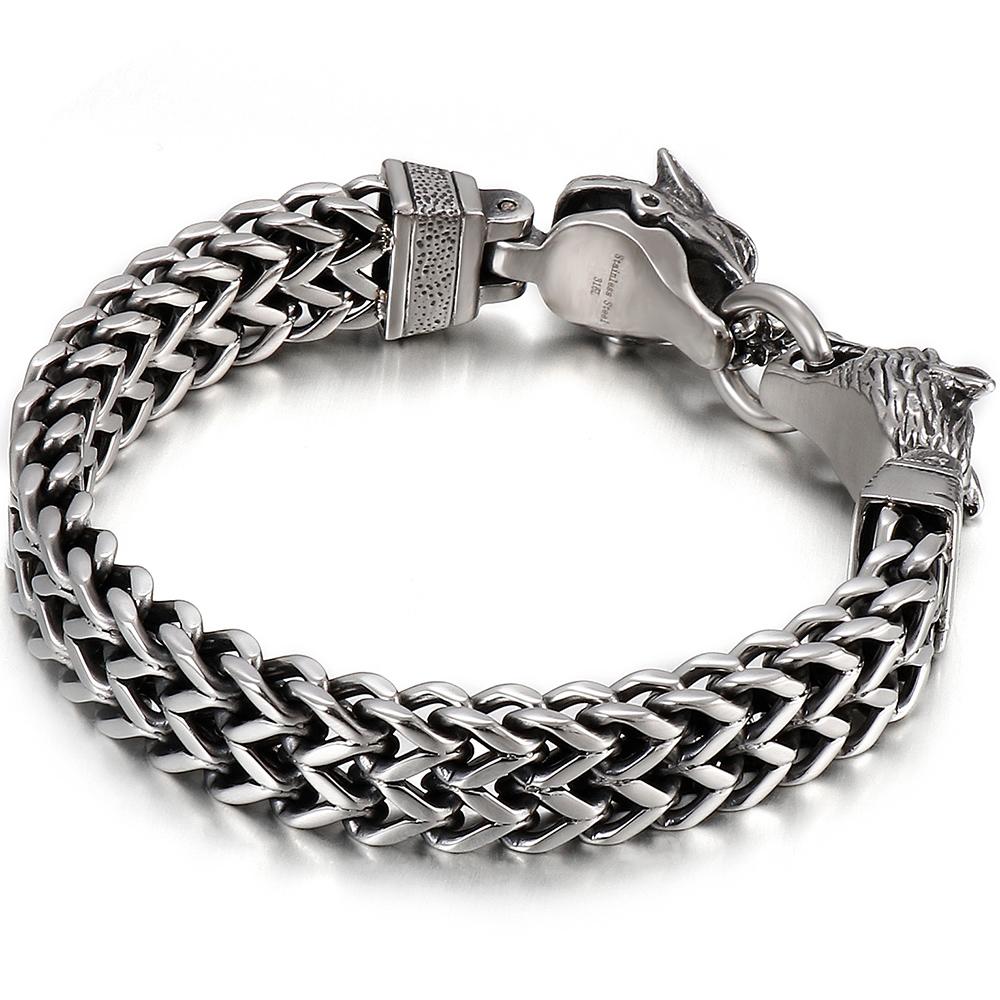 Men's Double Wolf Head Bracelet Man Vintage 12MM Width 316l Stainless Steel Punk Chain Gothic Animal Jewelry Accessory for Men