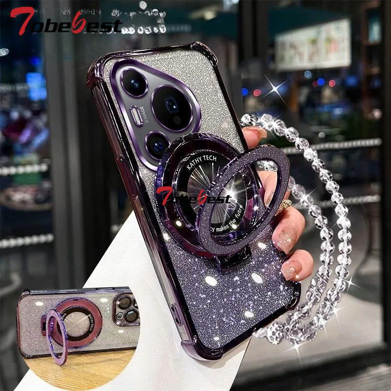 Shockproof Glitter Plating Crystal Bracelet Magsafe Phone Holder Case For Huawei Pura 70 Ultra P60 P50 P40 P30 Lite Pro Cover