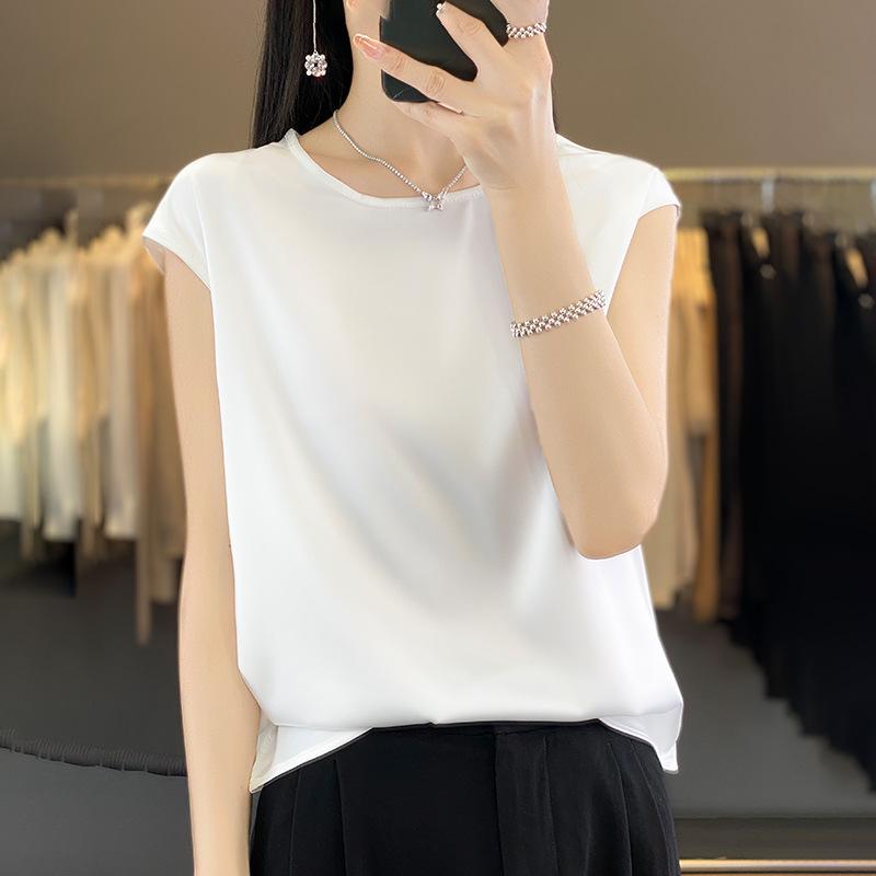 

Жіноча футболка з шовкового сатину з пишними рукавами, круглий виріз, короткий рукав, приталений вільний крій, ідеально підходить для поєднання з костюмами. 3XL білий