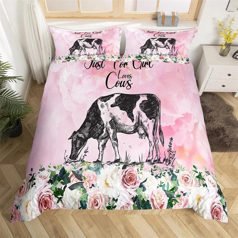 Highland Cow Duvet Cover King Microfiber Western Farmhouse Animal Bedding Set Leopard Cow Skin Fur Floral Print Comforter Cover