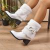 Comemore Autumn Winter New High-heeled Chunky Snow Boots Fur Warm Casual Bow Women Shoes Female Plush Mid-calf Boots