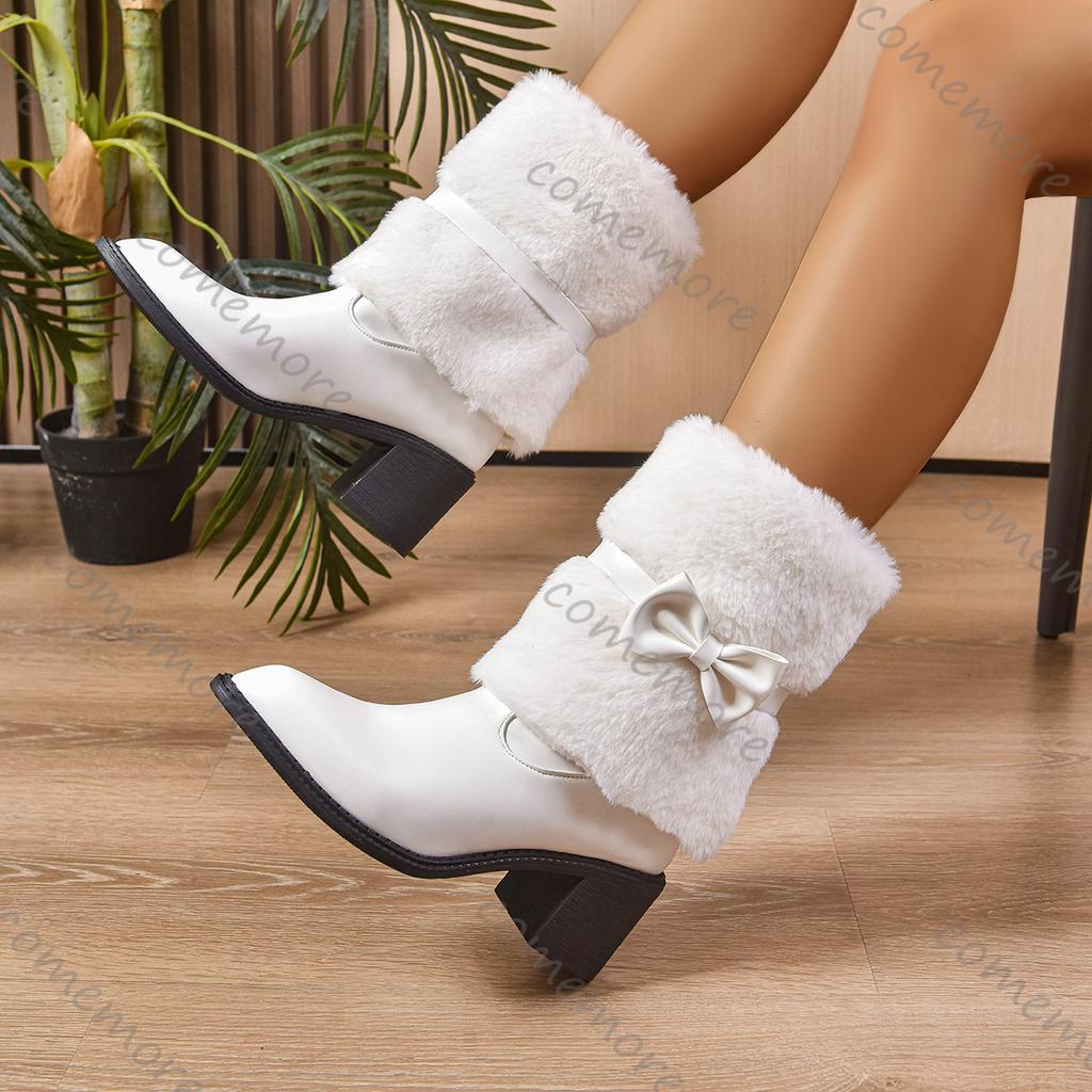 Comemore Autumn Winter New High-heeled Chunky Snow Boots Fur Warm Casual Bow Women Shoes Female Plush Mid-calf Boots