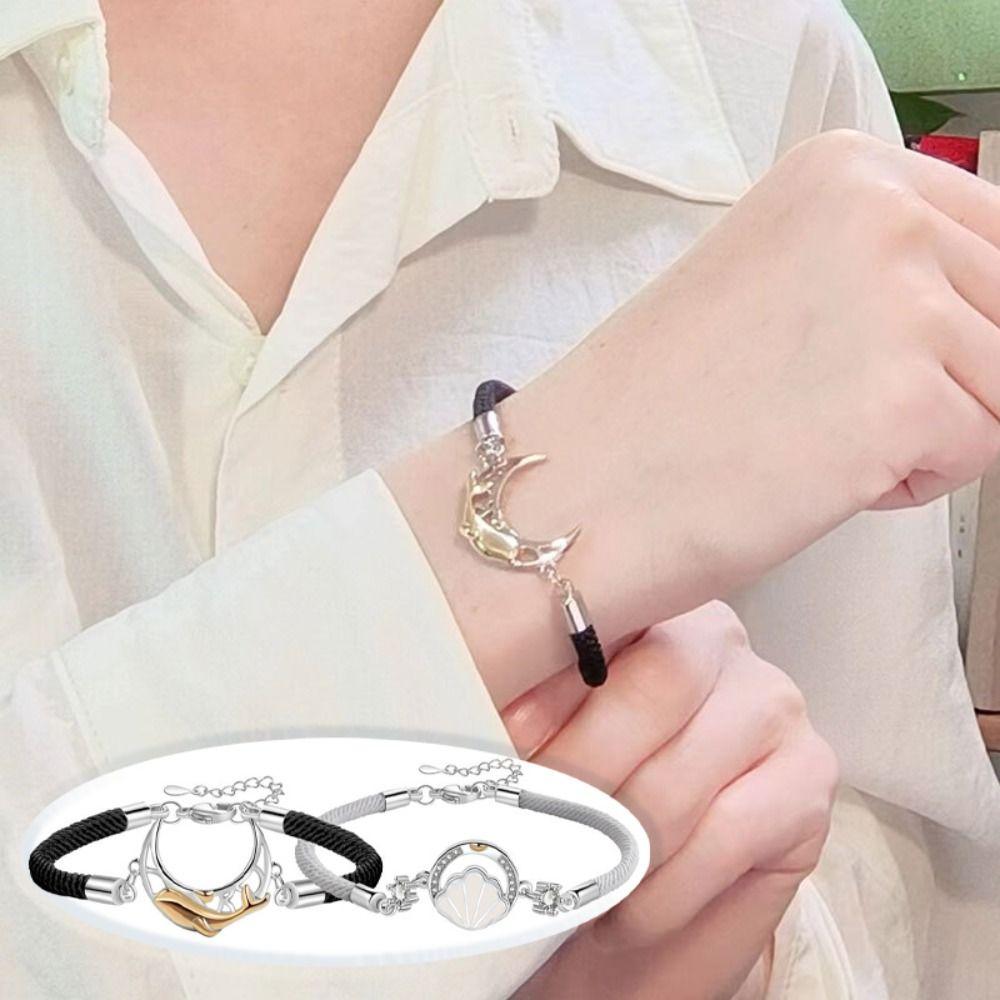 2PCS Whale Couple Moon Bracelet Light Luxury Rope Weave Bracelet Lovers Bracelet  Couple Gift