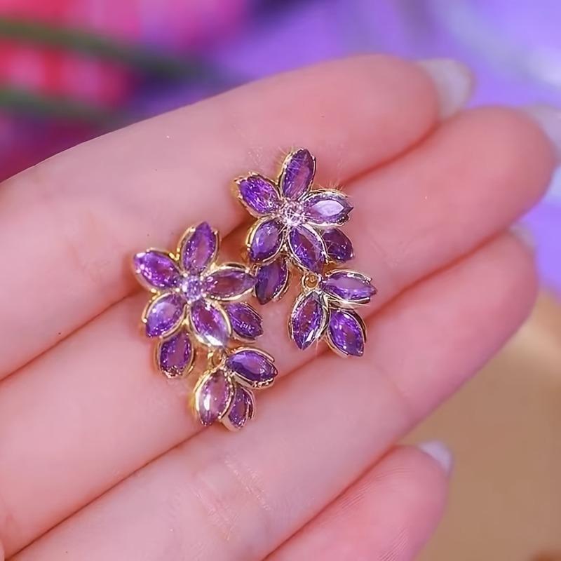 Elegant Classic Style Flower Shape Inlaid Shiny Purple Rhinestone Earrings  Delicate Accessory for Daily Wear