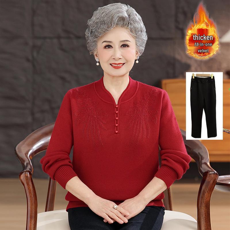 Cozy Winter Sweater for Elderly Women: Velvet-Lined, Half-High Collar, Stylish Base Layer for Autumn.