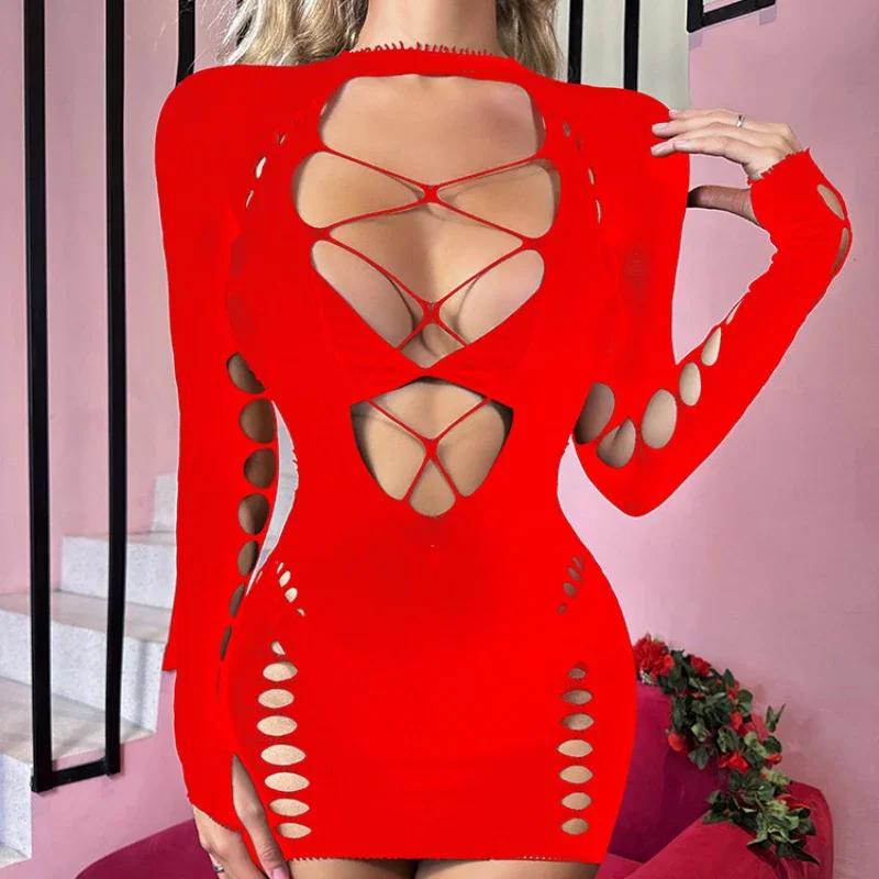 Sexy Fishnet Bodycon Dresses Women Hollow Nightwear Night Clothes  Pajamas Mujer Porno Clubwear See Through Bodysuit Dress