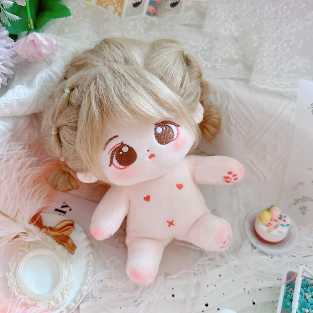 Niannyyhouse 20cm Plush Caramel Girl with Fried Black No Regular Cotton Hair, Hair, Attributes, Body, Doll, Dress-Up (24-Skeleton Included)