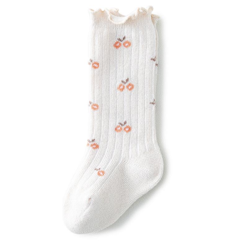 Children's Mid-Calf Combed Cotton Socks with Floral Wood Ear Trim for Spring & Autumn