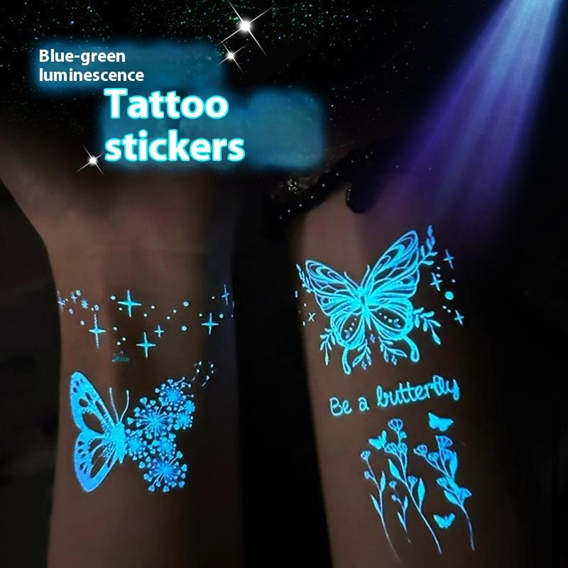 1/6 Sheets Blue Luminous Glow Tattoo Sticker Waterproof Temporary Finger Wrist Body Art False Butterfly Tattoo