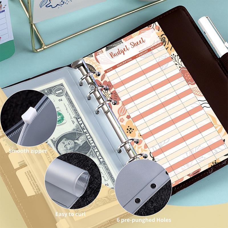 A6 Pu Leather Budget Binder Notebook Cash Envelopes System Set,With Binder Pockets For Money Budget Saving Bill Organizer