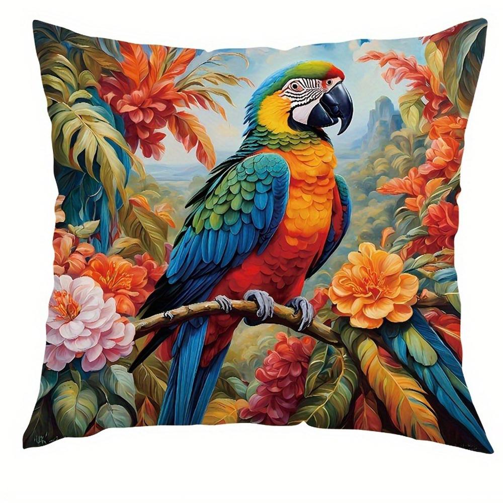 Vivid Parrot & Tropical Floral PillowcasesLiving Room Sofa Cushion Cover, Soft and Comfortable, Bedroom Room Decoration