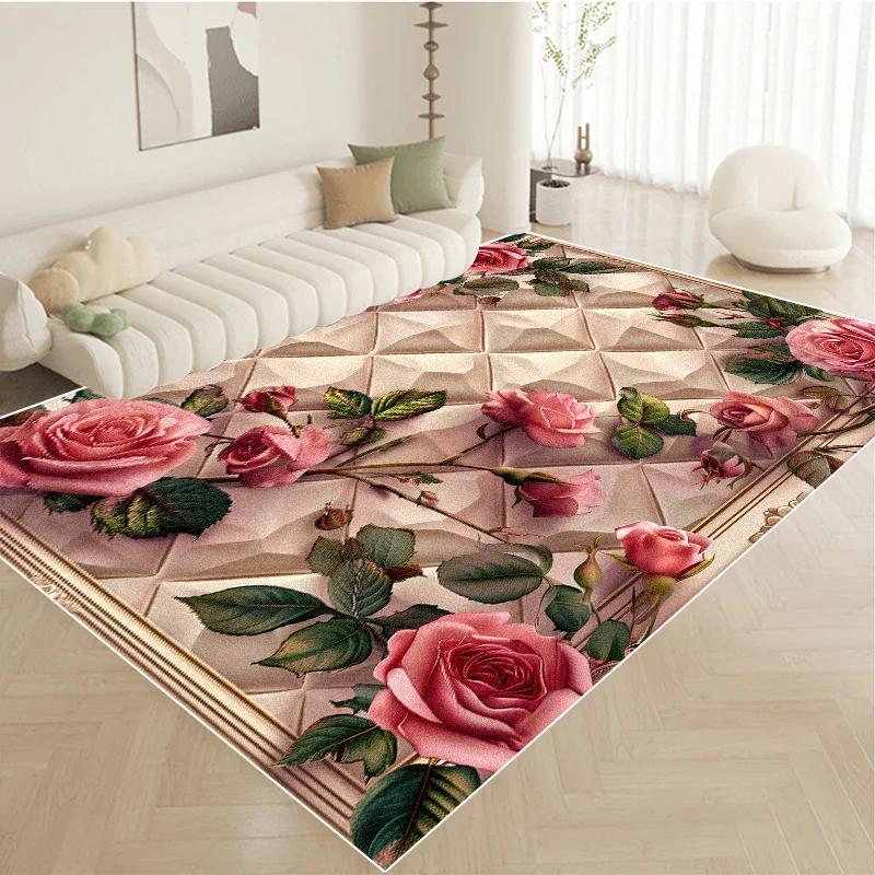 Nordic Luxury Pink Carpet Living Room Large Size Pastoral Flower Home Bedroom Rugs Washable Lounge Rug Hotel Lobby Floor Mats