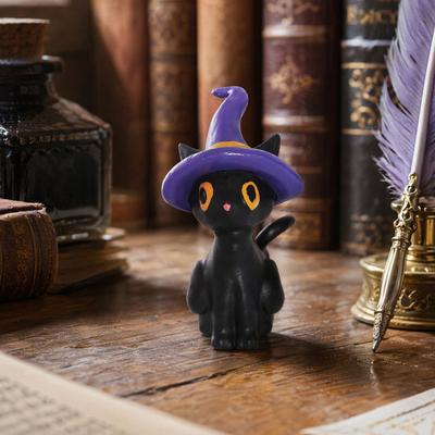 Yousheng Halloween Black Cat Figurine, Mini Witch/Zombie/Pumpkin Kitten Statue, Spooky Resin Tabletop Ornament for Mantel Shelf Home Office Party