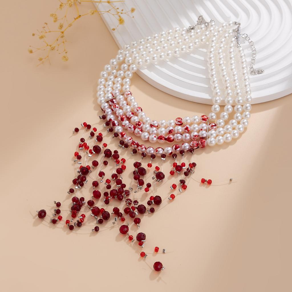 Goth Vintage Red Blood Imitation Pearl Chain Necklace for Women Long Tassel Crystal Beads Pendant Halloween Party Jewelry