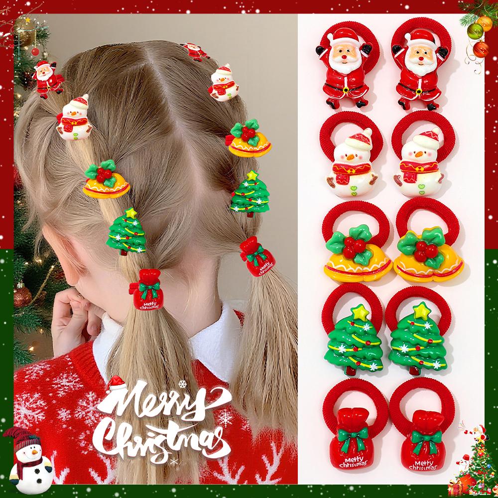 Cute Christmas Hair Ties for Girls, Santa Christmas Tree, Snowman Design, Ideal Gift for New Year, 10-Pack