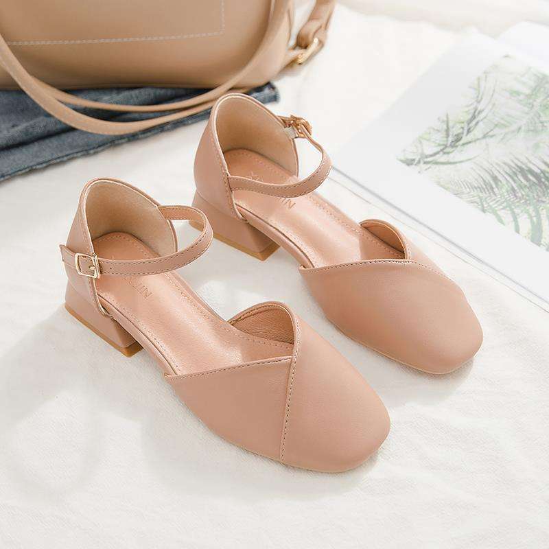 Baotou Sandals Women's Summer Middle Heel 2025 New Korean Version Versatile Student Fairy Style Retro Thick Heel One-word Strap Single Shoes