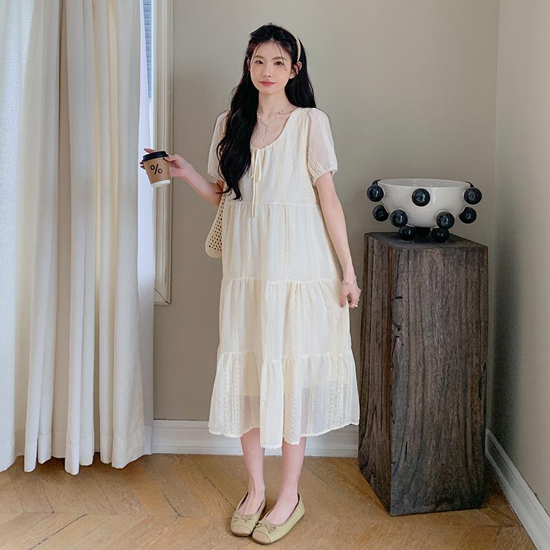 French Lace Jacquard Embroidered Maternity Summer Dress - Stylish, Mid-Length, and Trendy.