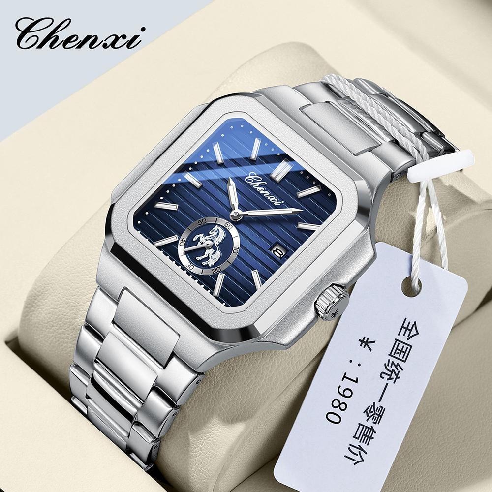 Original CHENXI Watch Gold Luxury Calendar Stainless Steel Noctilucent Waterproof Square Quartz Chronograph Watches For Man