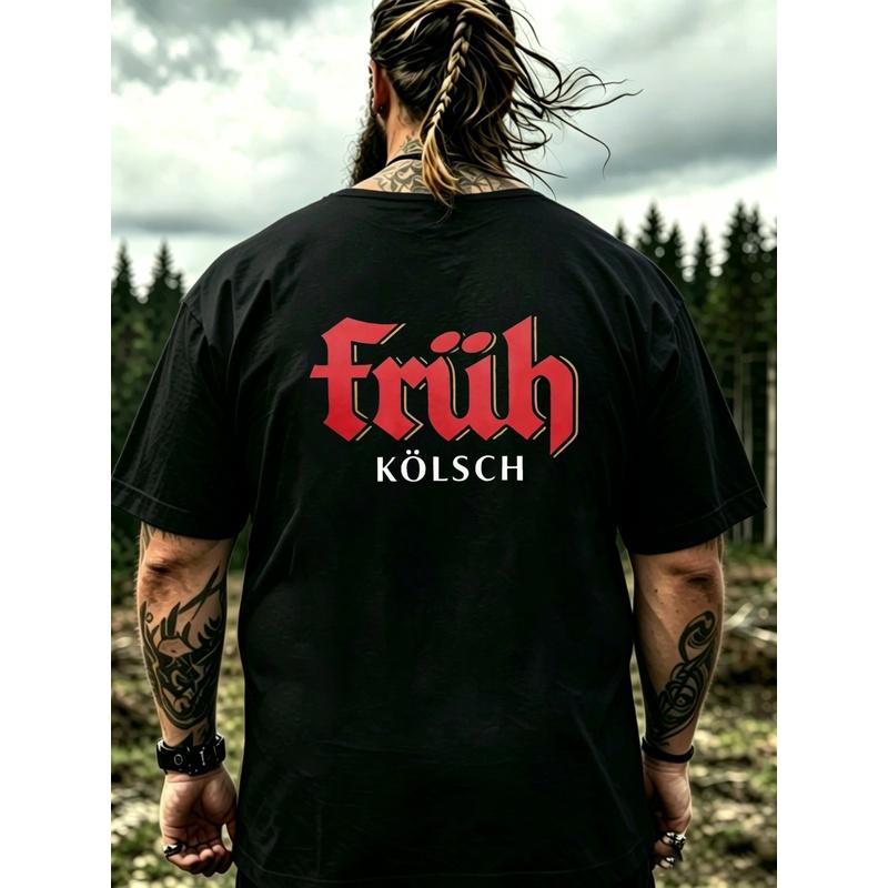 Herren T-Shirt Schwarz Frueh Kolsch Logo Print Freizeitkleidung Für Outdoor-Veranstaltungen Und Täglichen Gebrauch, Große Größen