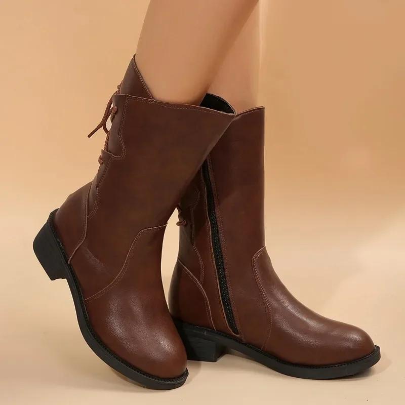 2024 High Quality Ladies Shoes Side Zipper Women's Boots Fashion Rear Lacing Modern Boots Women Winter Plus Size Mid-Calf Boots
