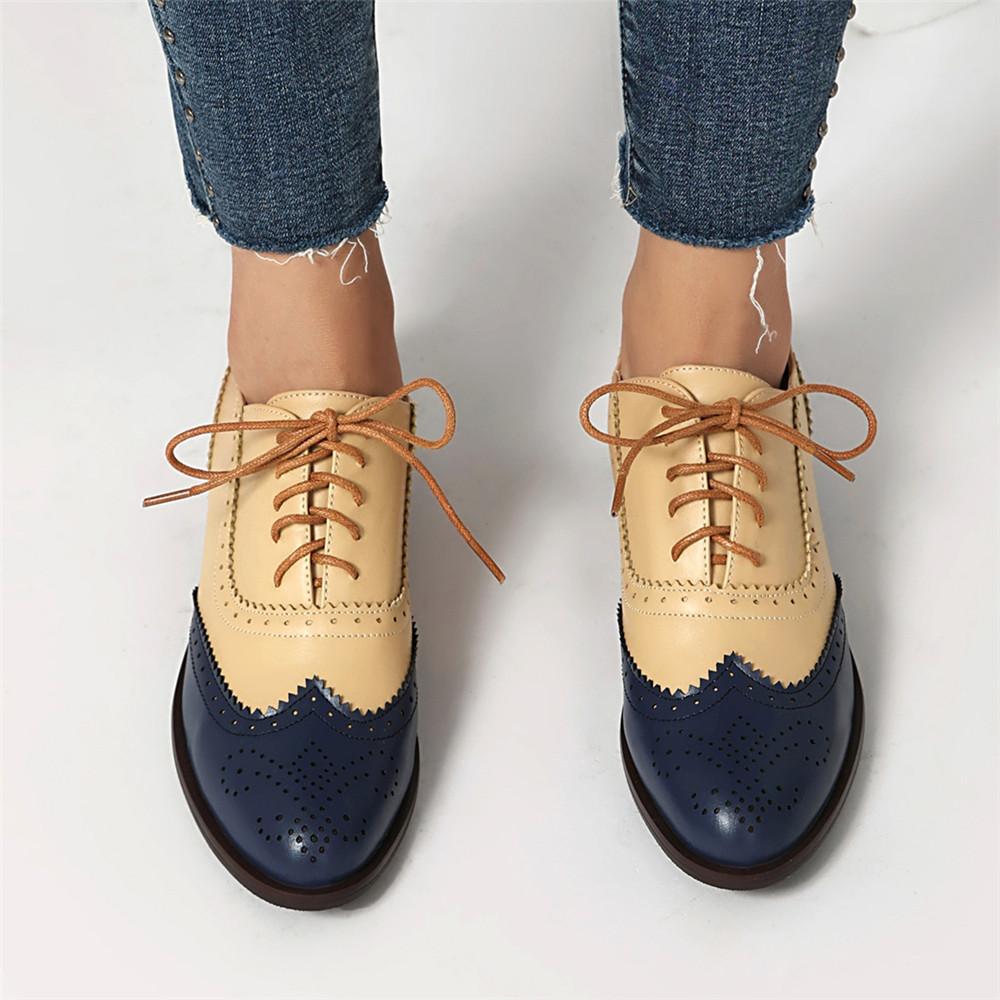 Fashion Women Spring New Flats Shoes Women Oxfords Mixed Colors Lace Up Ladies Brogues Shoes Designer Casual Pu Leather Outdoor Footwear