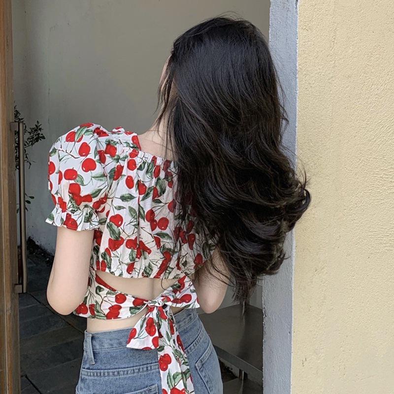 Top Corto a Vita Alta da Ragazza Senso del Design di Nicchia Estivo Manica a Sbuffo Scollo Quadrato Camicia Floreale