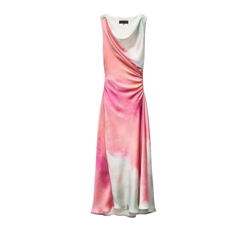 Spring New Arrival Elegant Elegance Draped Collar Ruched Decorative Tie-Dye Print Midi Skirt Dress 3031210