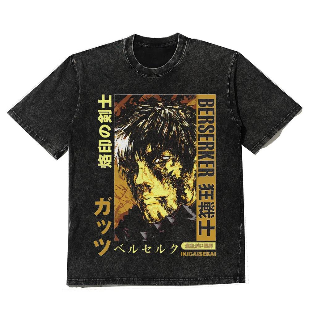 Men Anime Graphic Print T Shirts Washed Vintage Oversized Tshirt Harajuku Streetwear Cotton Loose Short Sleeve Tshirt Tees Tops