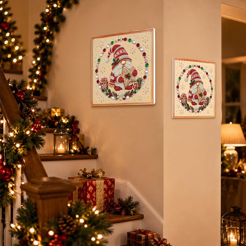 Christmas Gnome Pearl Diamond Painting Kit, PVC Beaded Mosaic Art with Tomte Gnome Star Cookie Candy Gift Box Holly Snowflake Gem Border Pattern, DIY