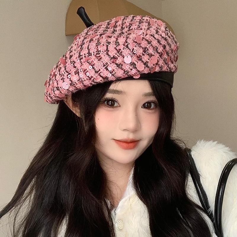 Beret Women's Autumn and Winter Versatile Fashion Sequin Big Head Painter Hat French Casual Sweet Cute Newspaper Hat