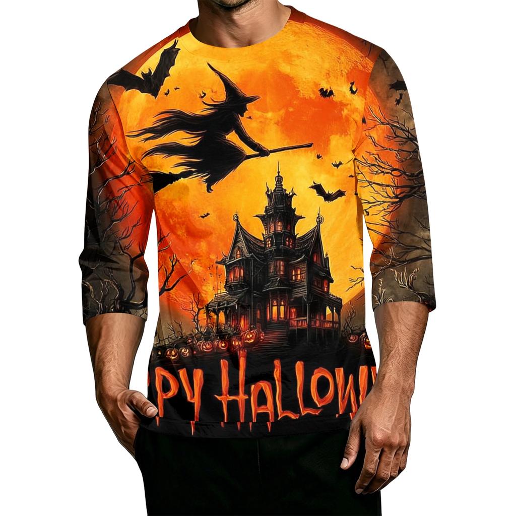 Men's Casual Halloween Pumpkin Print Crew Neck T-Shirt Three Quarter Sleeve Comfortable Fit Lightweight Fabric