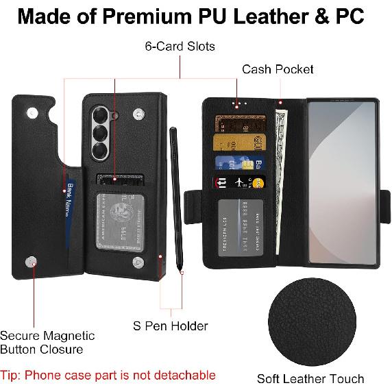 Vofolen for Samsung Galaxy Z Fold 6 Case with Card Holder & S Pen Holder, PU Leather Flip Case with Magnetic Clasp Kickstand Heavy Duty Rugged Wallet