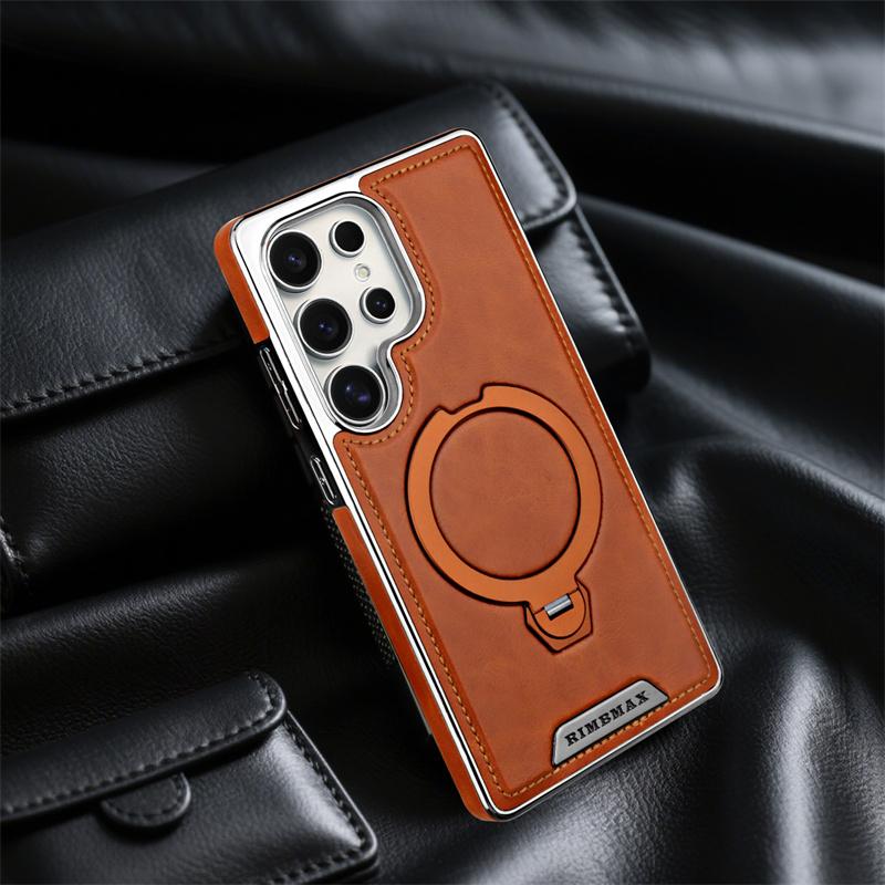 Magnetic Rotating Bracket Luxury Leather Phone Case For For Samsung Galaxy S23 S24 S25 Ultra Plus Wireless Charging Shockproof Cover