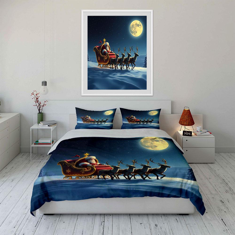 Santa Sleigh with Reindeer Scene Bedding Duvet Cover Set Duvet Cover Pillowcases  (1*Duvet Cover 2*Pillowcases, Without Duvet Insert)