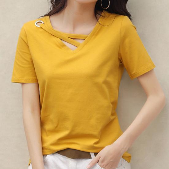 Γυναικείο πουκάμισο μονόχρωμο κοντό μανίκι V λαιμόκοψη Γυναικεία μπλούζα για καθημερινή χρήση