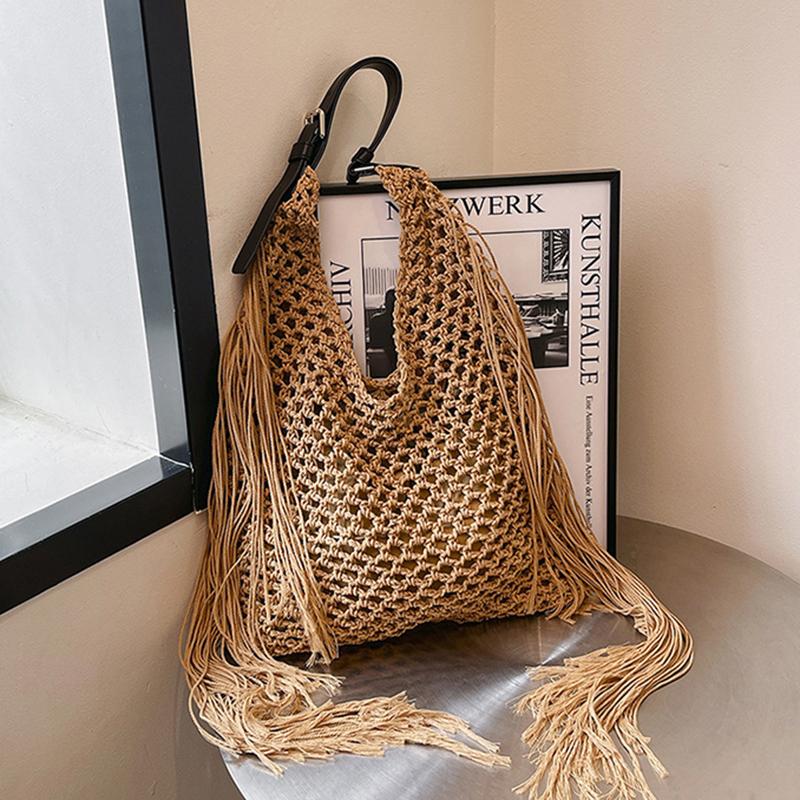 Yogodlns Fashion Long Tassel Shoulder Bag Thread Woven Women's Bag New Hollowed Out Handbag Summer Beach Vacation Bag