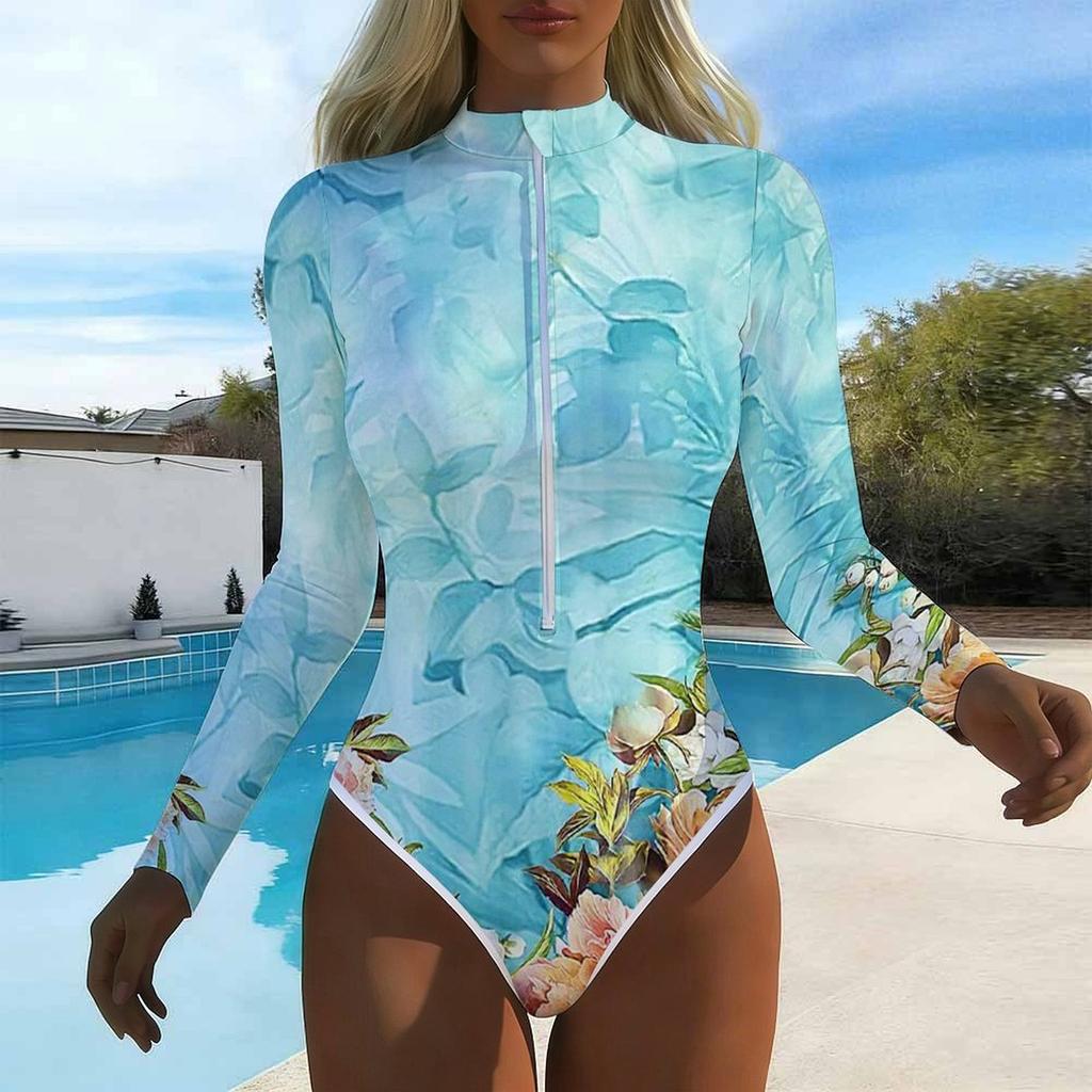 Women Long Sleeve One Piece Swimsuit Zip Front Ink and Wash Flowers Print Rash Guard Surfing Bathing Suit
