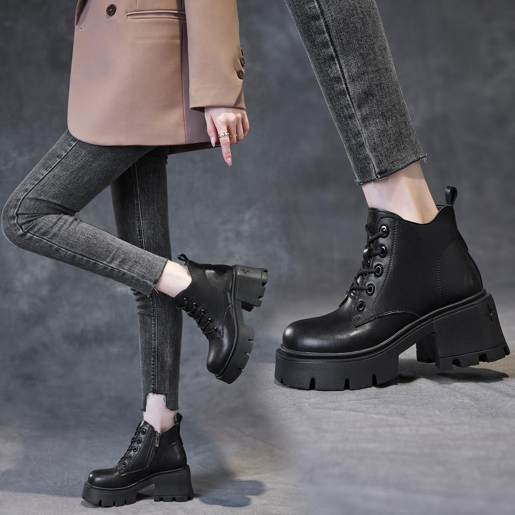 Coarse Heel Martin Boots Women's Autumn and Winter New Fashion Round Head Small Height Increase Short Boots Women's Boots Tide