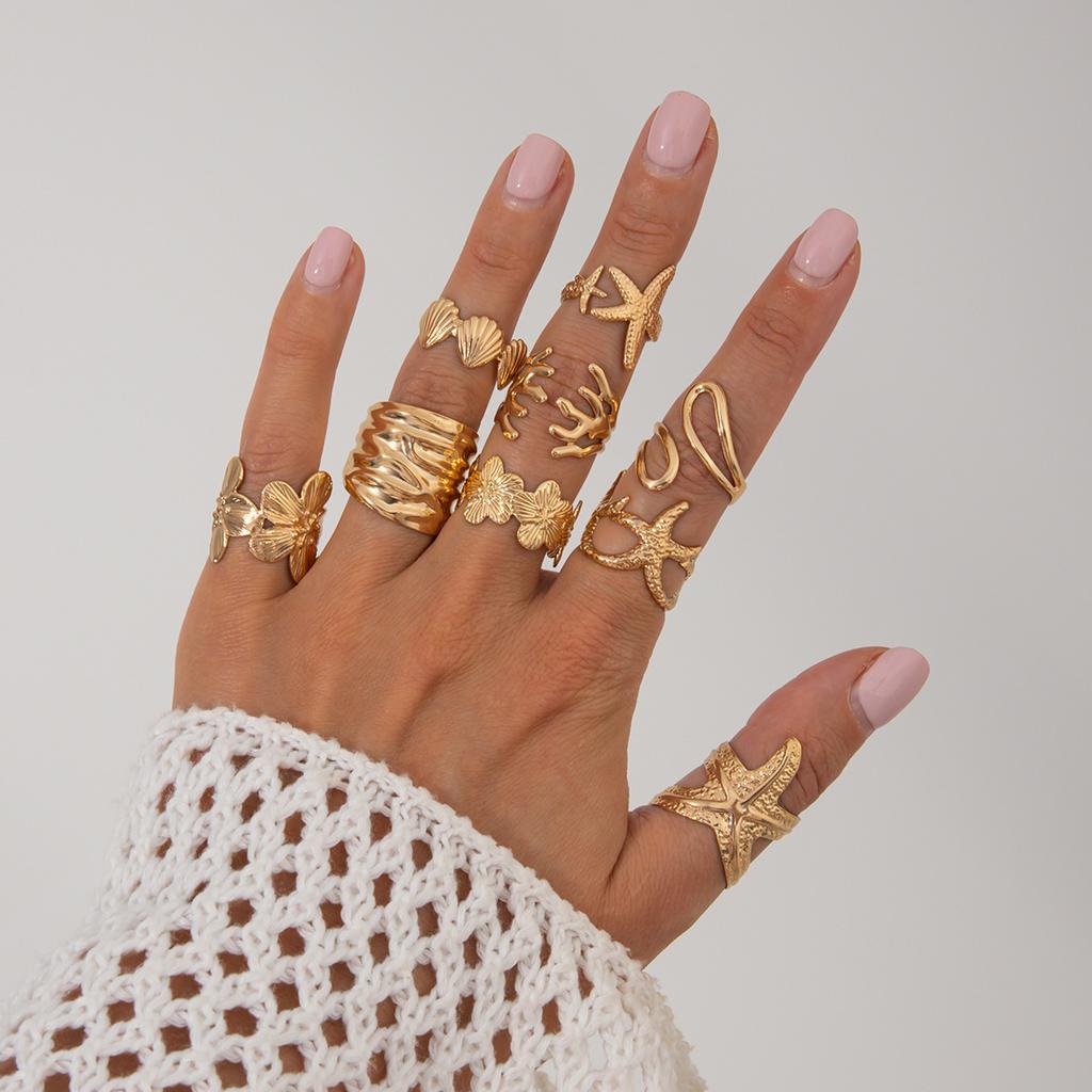 Ocean Wind Starfish Scallop Shell Ring Set Design Sense Irregular Metal Sun Flower Ring