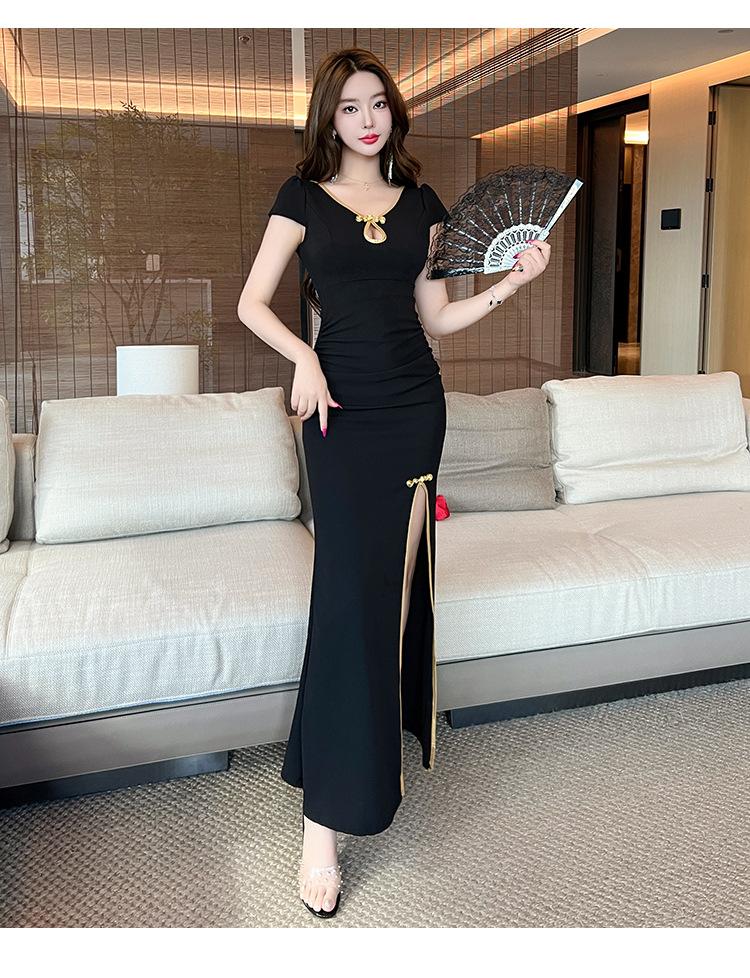 Improved cheongsam split-ended long dress low-cut and thin foot sauna sexy dress work dress S чёрный