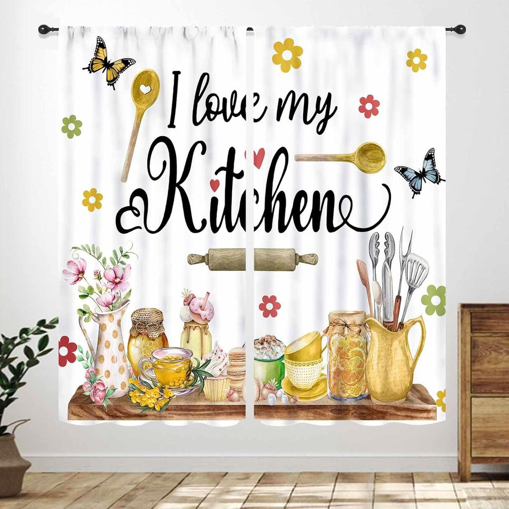 Rustic Kitchen Curtains,Retro Fork Spoon Wooden Plank Farmhouse Country Cooking Theme Funny Quotes Window Treatment for Bedroom