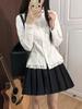 Women's Spring Lace Trim Suit: Long Sleeve Slimming Shirt & Pleated Skirt Set