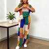 In Stock Spring/summer New Color-blocking Geometric Print T-shirt and Pants Set, Women's Fashion Set