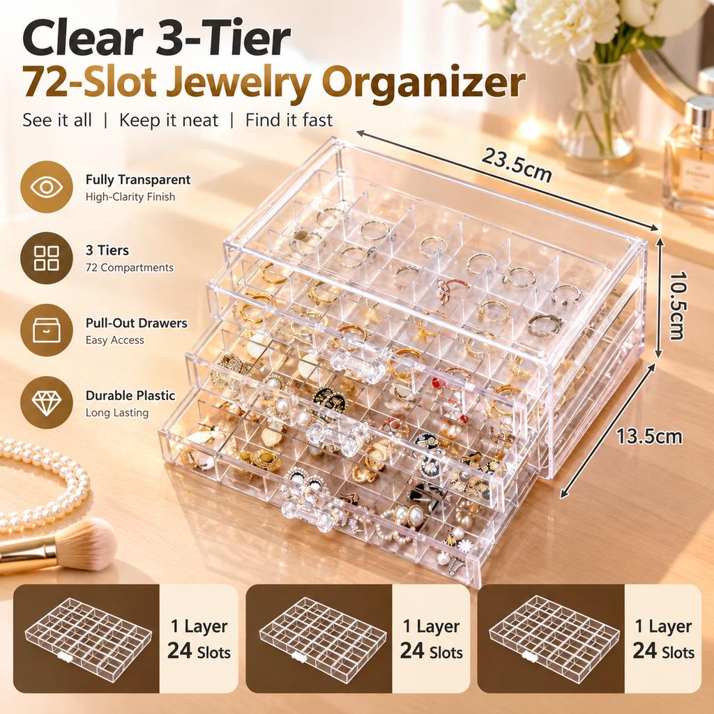 3-Tier 72-Slot Plastic Jewelry Organizer