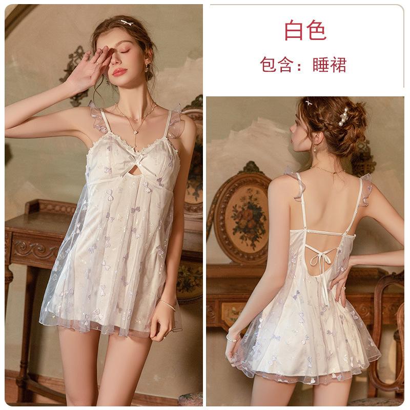 Women's Satin Mesh Butterfly Embroidered Deep V Padded Backless Tie Sleep Dress