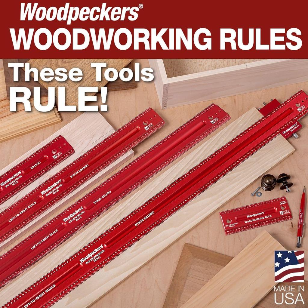 Woodpeckers Woodworking L2R Center Laser Engraved Precision Aluminum Metric Woodworking Ruler with Beveled Edges Rule, 300mm, & Scale, USA-Made