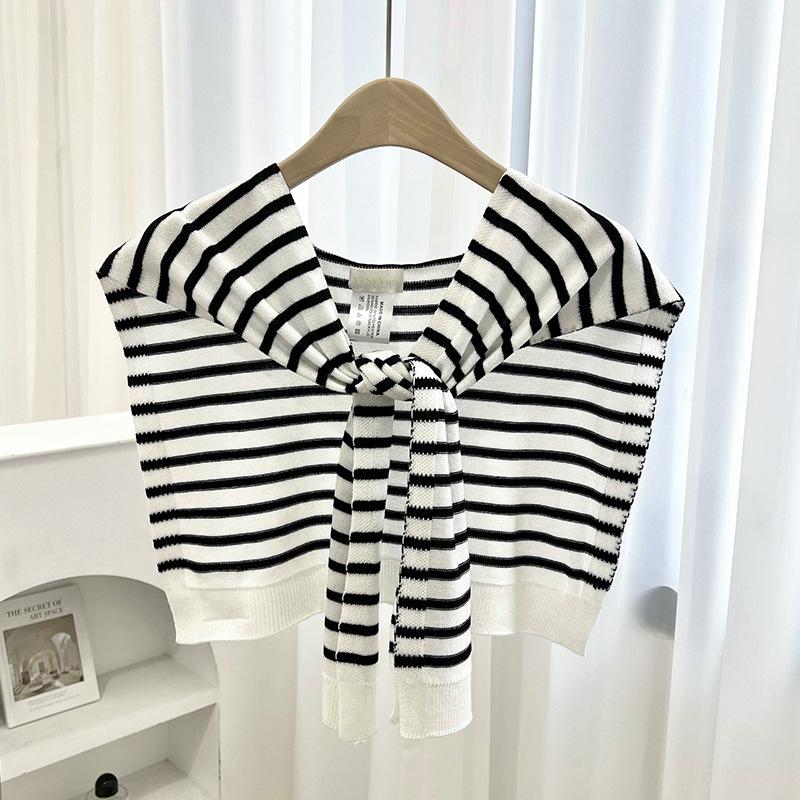 Striped Knit Shawl Navy Style Air Conditioning Room Outdoor Scarf Fake Collar Spring Autumn Office Shoulder Vest