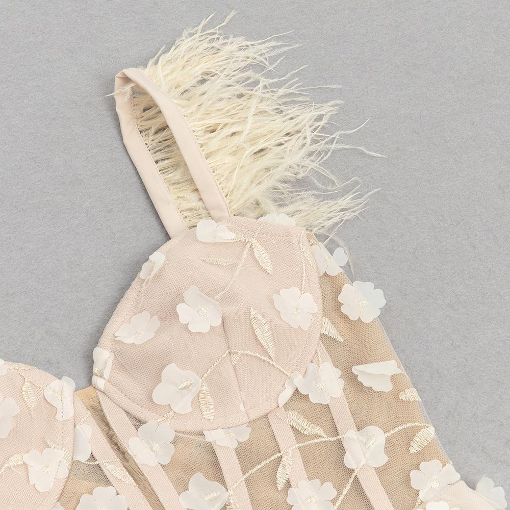 Elegant European & American Lace Fishtail Evening Dress with Feather Strap - Slim Fit, Sophisticated Socialite Style.