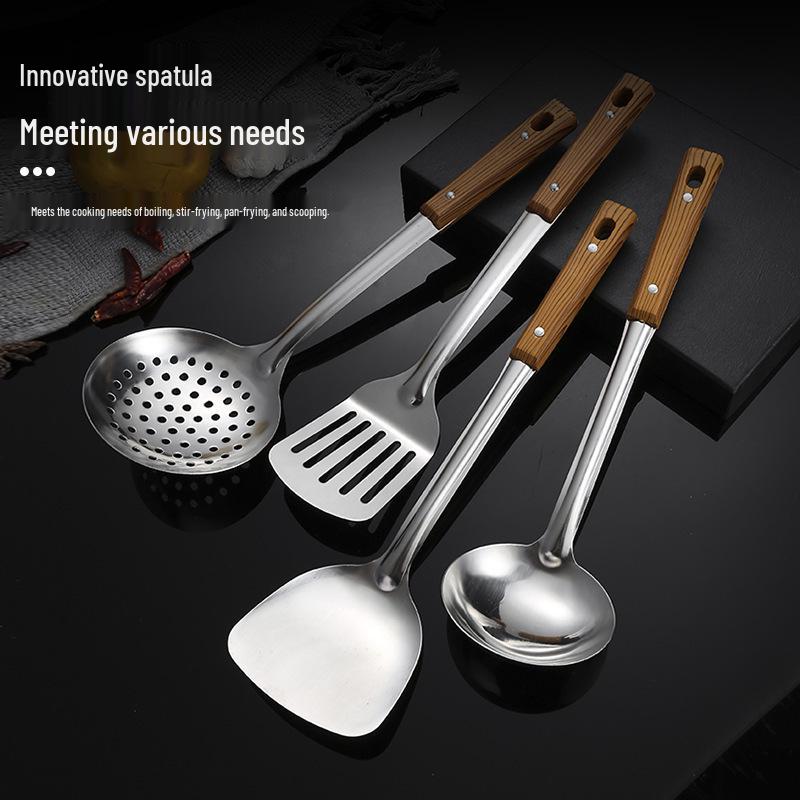 Five-Piece Kitchen Utensil Set: Non-Scalding Spatula, Spoon, Slotted Spoon, Stir-Fry Shovel, and Soup Spoon.